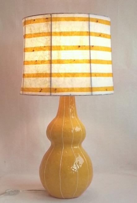 VIT ceramic lamp base, handmade, modern shape, taupe with white stripes, striped shade, handcrafted, rice paper
